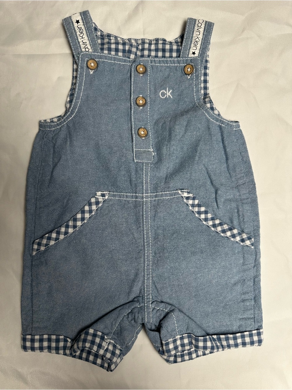 Calvin Klein Light Blue Denim-Style Baby Shortalls with Gingham Trim